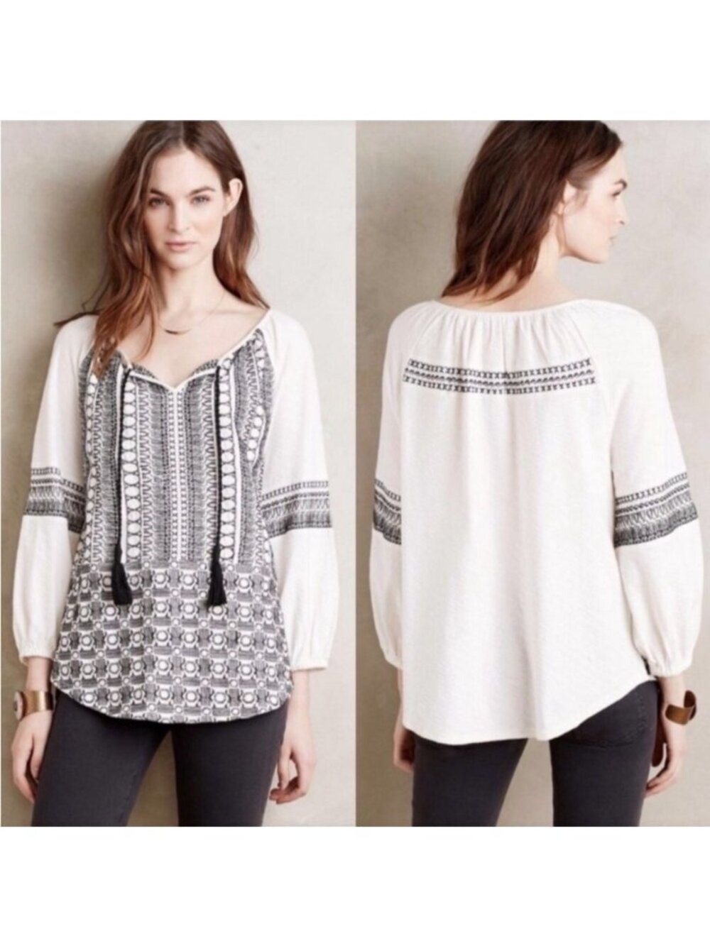 Anthropologie Akemi + Kin Aili Embroidered Boho Peasant Top XL Tassel Festival